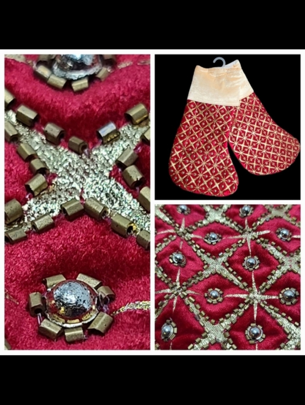 2 Piece Luxury Red Gold & Silver Shimmer Beaded Christmas Stocking Set NEW